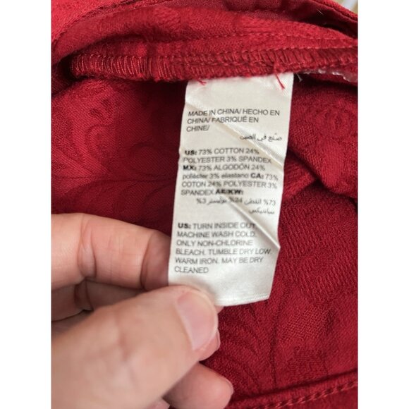 Chicos Size S Rich Red Elongated Jacquard Jean Jacket w/ Floral Imprint - Picture 9 of 9